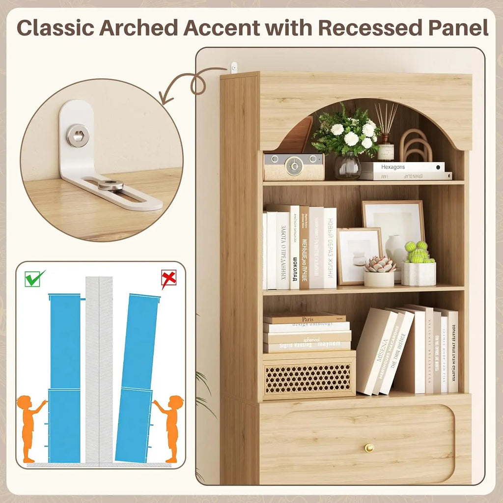80" Wooden Arched Bookcase 3 Drawers 3-Tier Open Shelves
