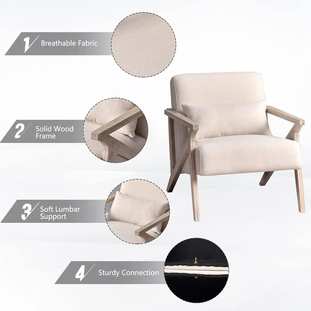 Mid-Century Chair, Wood Frame, Upholstered Armchair, Waist Cushion