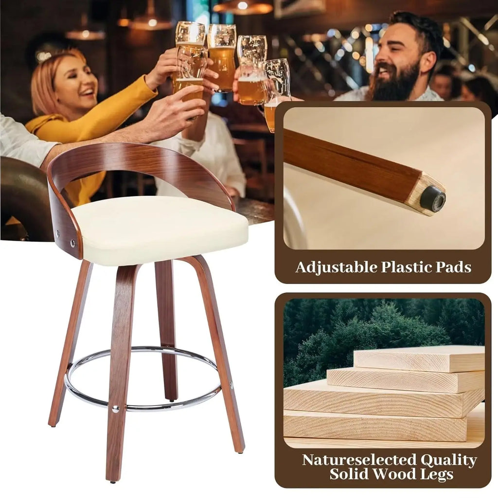 360° Swivel Bar Stools, Low Back Set-of-2, Cherry Wood, Beige PU Upholstered