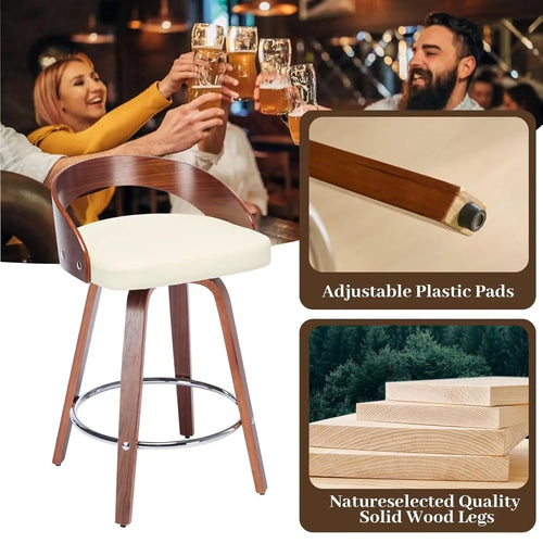 360° Swivel Bar Stools, Low Back Set-of-2, Cherry Wood, Beige PU Upholstered