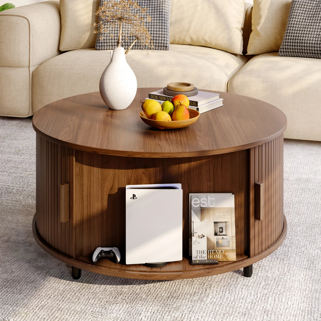 31.5" Round Coffee Table Storage 360° Curved Sliding Door, Fluted