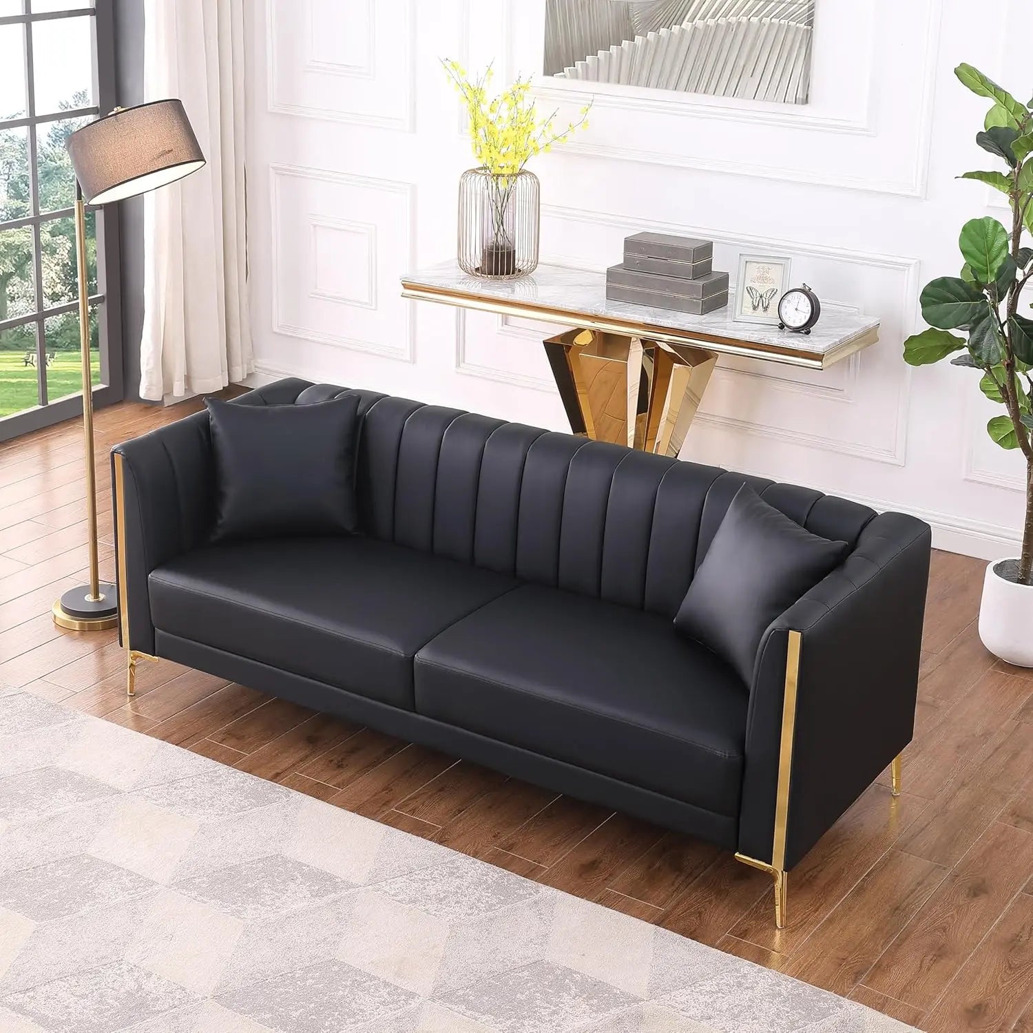 78'' Faux Leather 3-Seater Sofa, 2 Throw Pillows, Gold Meta