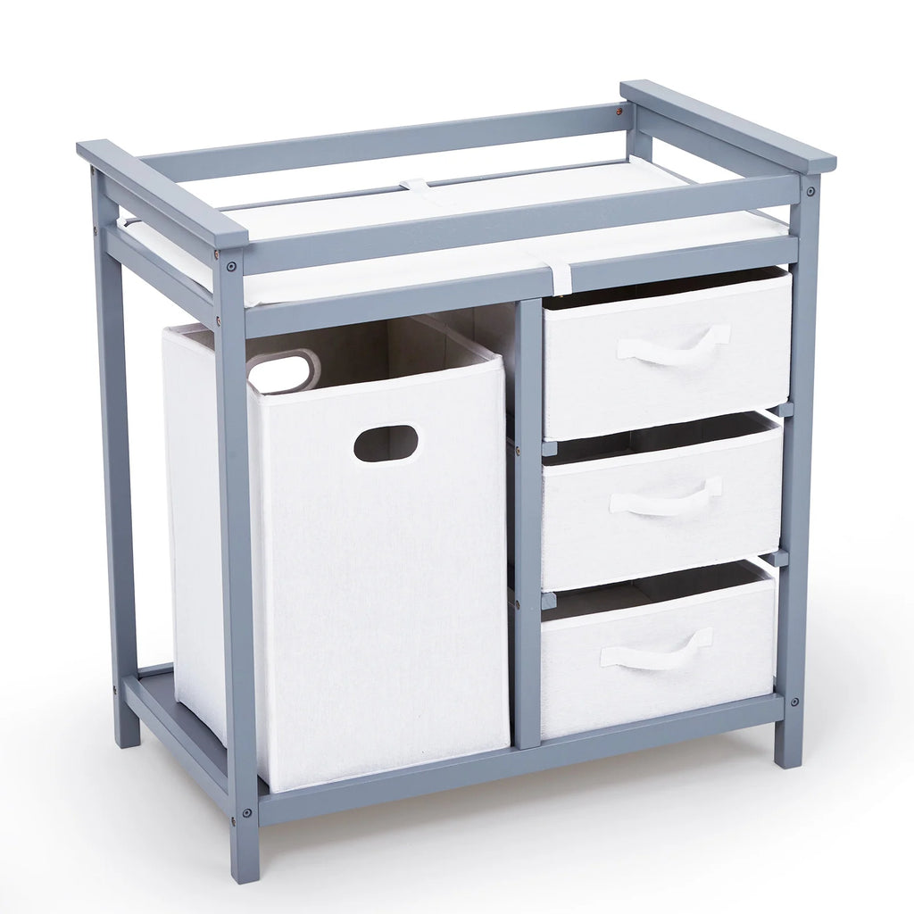 StrollerWooden Baby Changing Table, Wooden Infant Diaper Changing Station Dresser with Laundry Hamper, 3 Drawer Basket and Chang