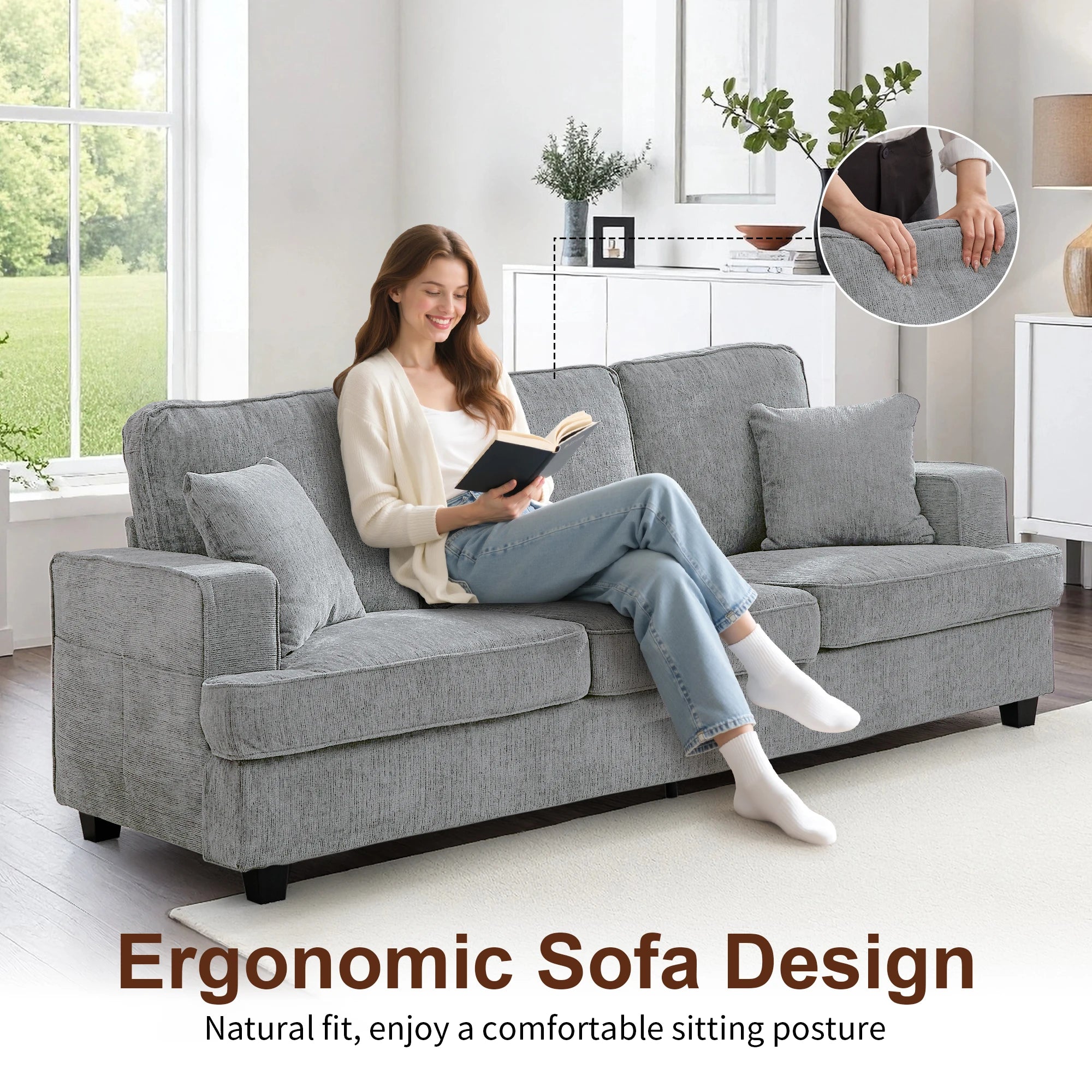 89" Cloud Couch Sofa in Chenille, Extra Comfy Soft 3-Seater