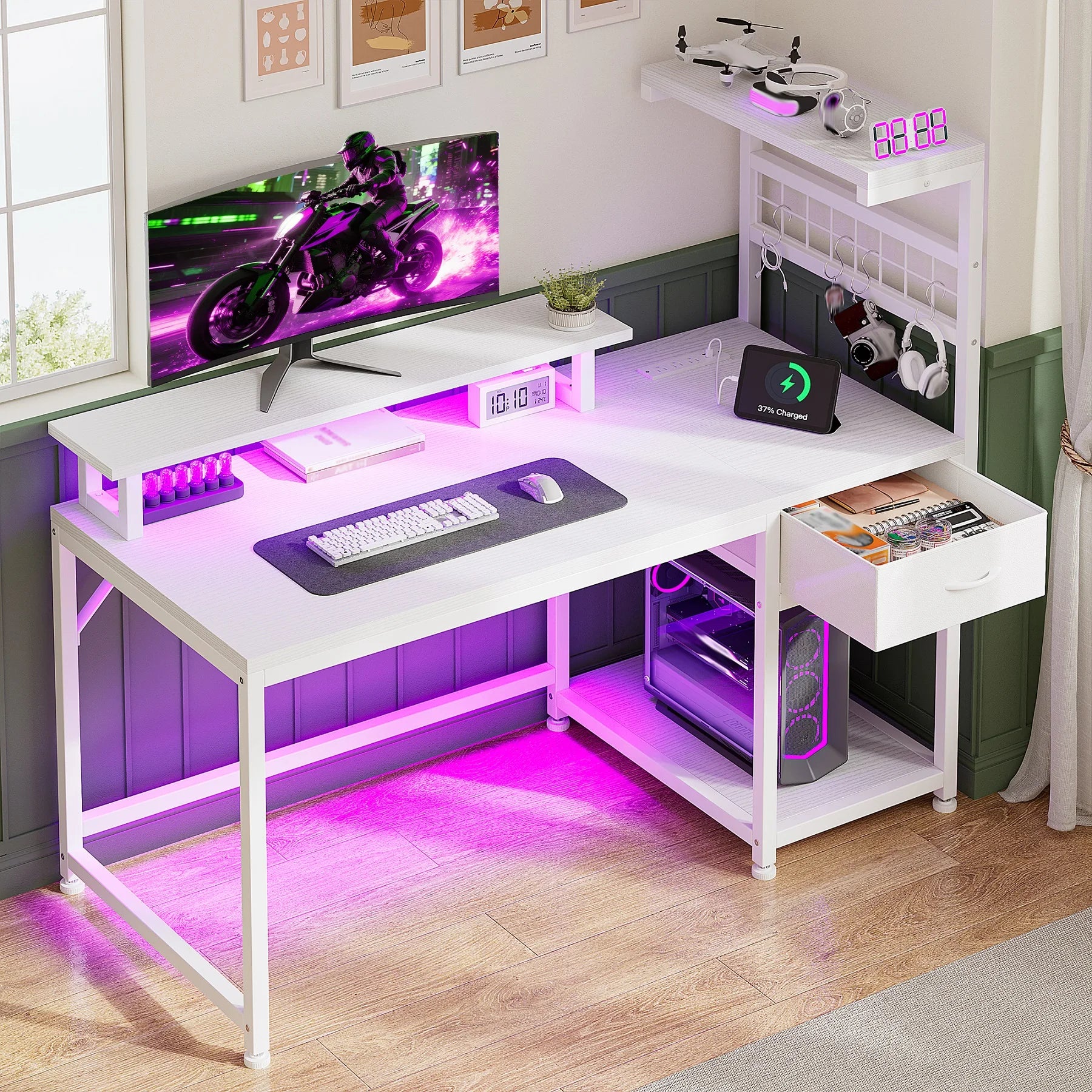 40" Computer Desk, Outlets, RGB LED Lights, Drawer, CPU Shelf