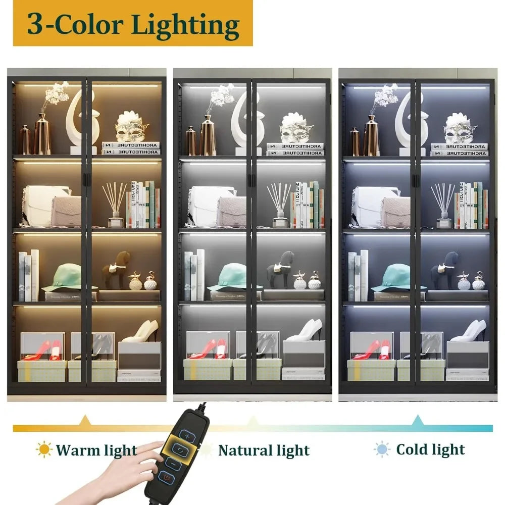 Display, Glass Doors LED Lights, 3 Adjustable Shelves, 4-Tier Shelves