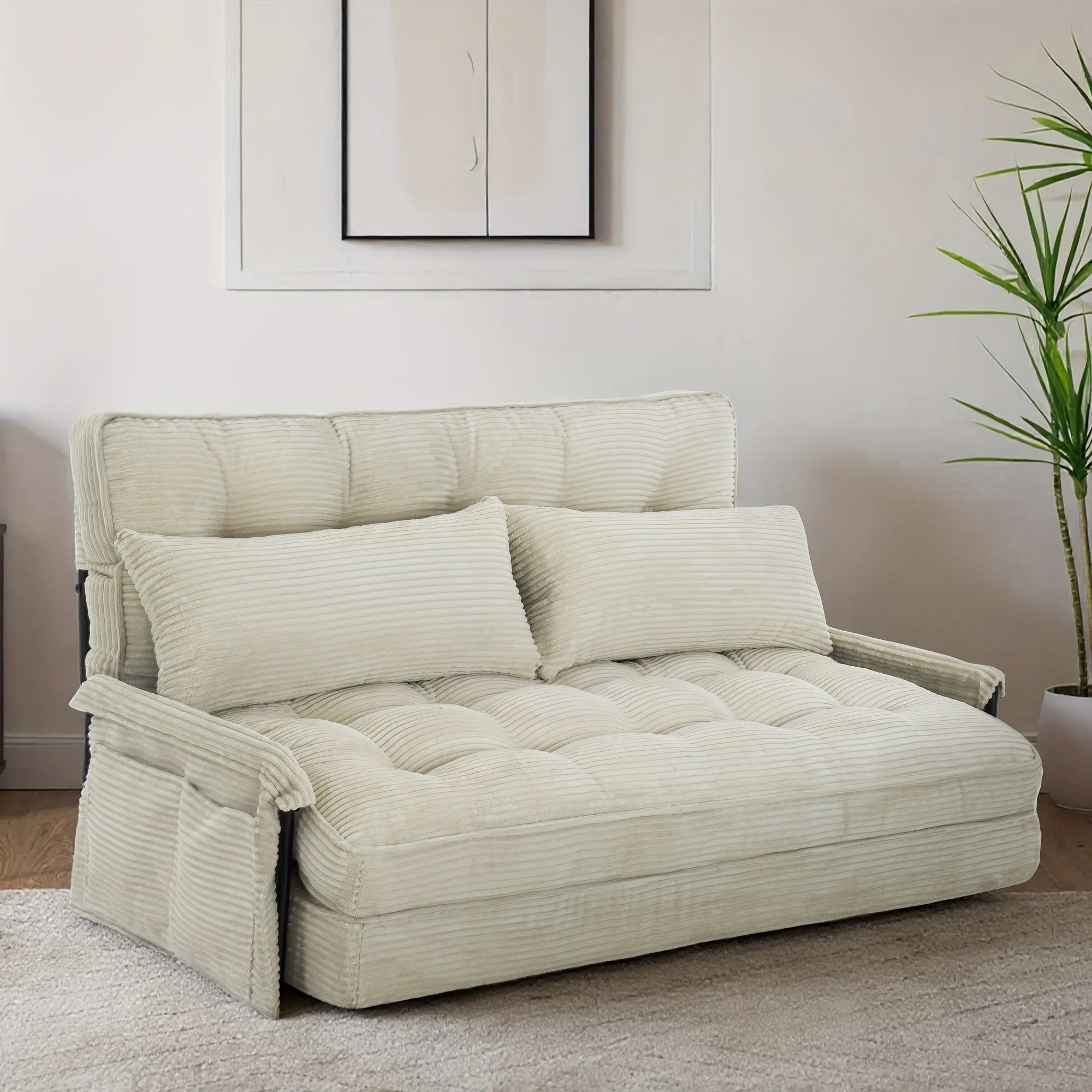 Convertible Foldable Sleeper Chair Memory Foam Corduroy Fabric Metal Frame