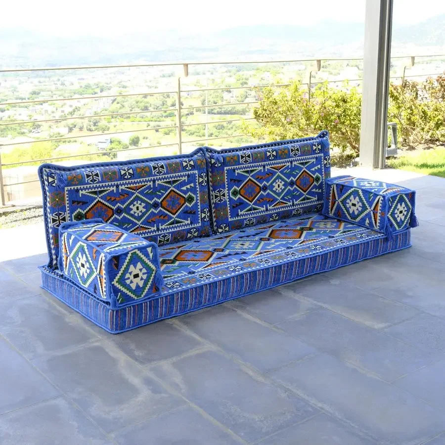 Moroccan Traditional Bohemian Furniture Loveseat 75x27x4IN Floor Seating Convertible Mattress