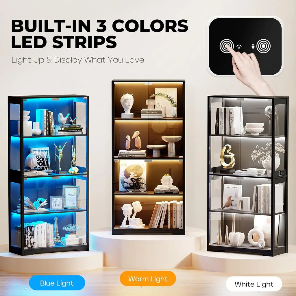 Display Cabinet Glass Doors, 4-Tier, 3 Color Lights,  Glass Display