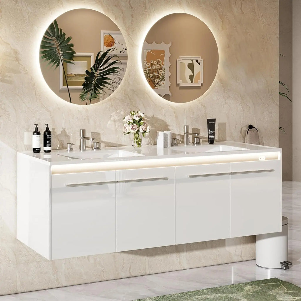 60" Floating LED Double Vanity/Cabinet-Soft Close, 3-Hole Sink,