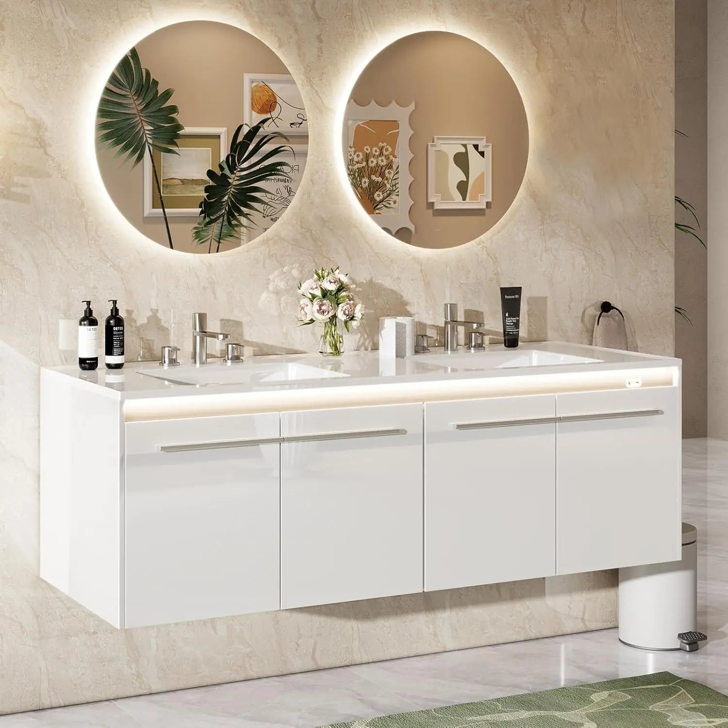 60" Floating LED Double Vanity/Cabinet-Soft Close, 3-Hole Sink,