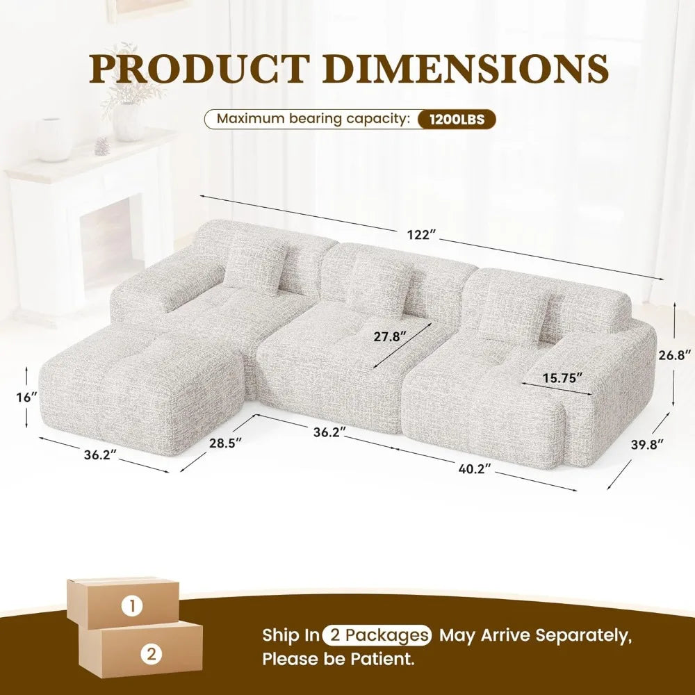 122" L Shaped Boneless Modular Cloud Couch Sectional, Ottoman, 4-Seat