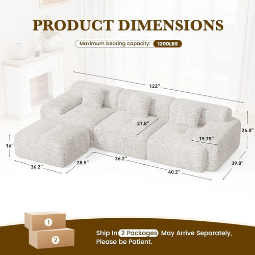 122" L Shaped Boneless Modular Cloud Couch Sectional, Ottoman, 4-Seat