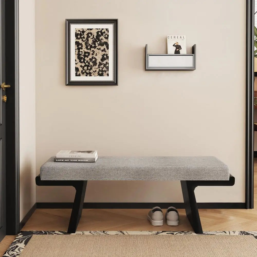 Bed Bench, Upholstered, Solid Wood Legs, Floating Design, Linen Fabric