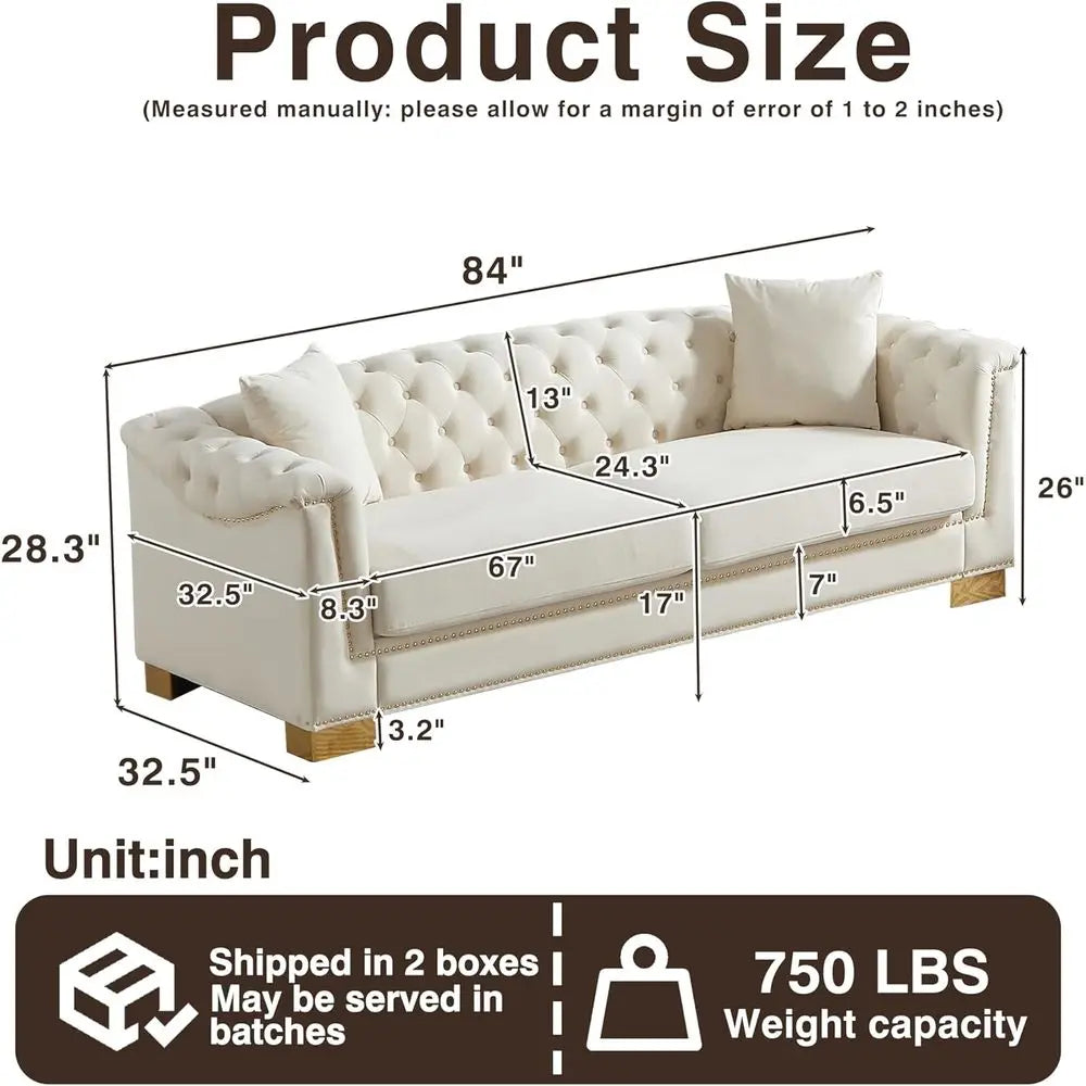 84IN Classic Chesterield Sofa - Velvet 3-Seater, Rolled Arms, Tuted Back & Studs