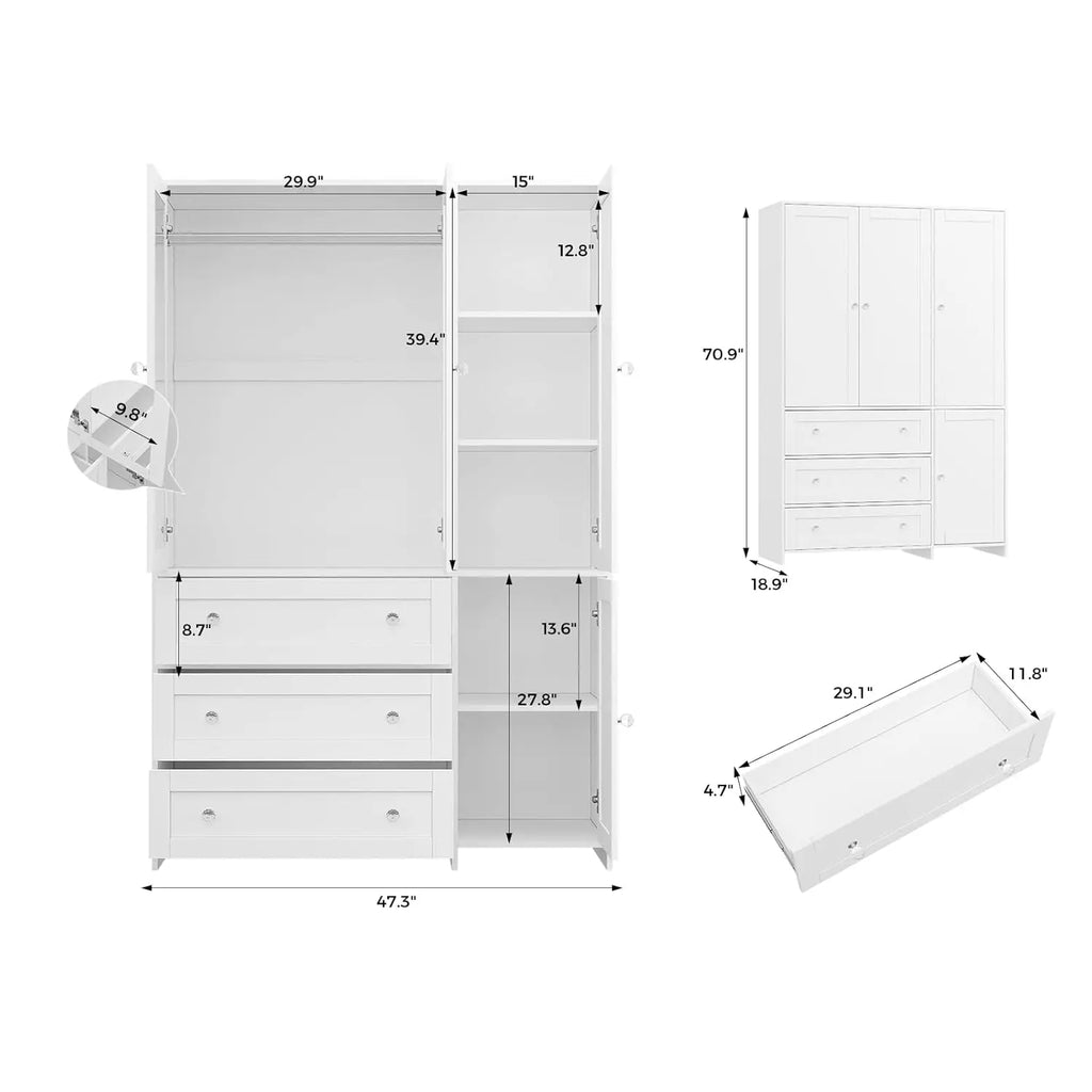 71" Wooden Armoire Wardrobe 3-Drawers Mirror Hanging Rod Large Capacity
