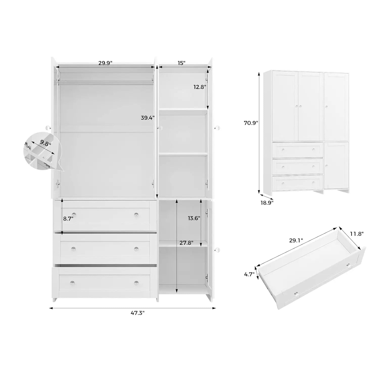 71" Wooden Armoire Wardrobe 3-Drawers Mirror Hanging Rod Large Capacity