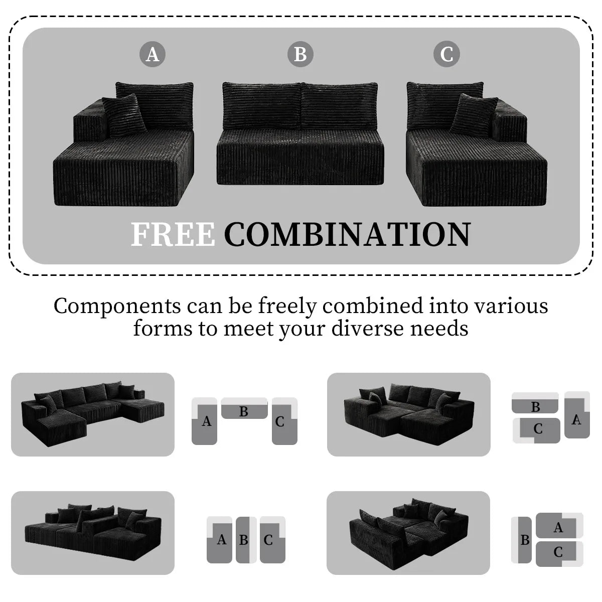 132IN 8-PC Corduroy Modular U-Shaped Sectional Sofa, Double Chaise, Seats 6