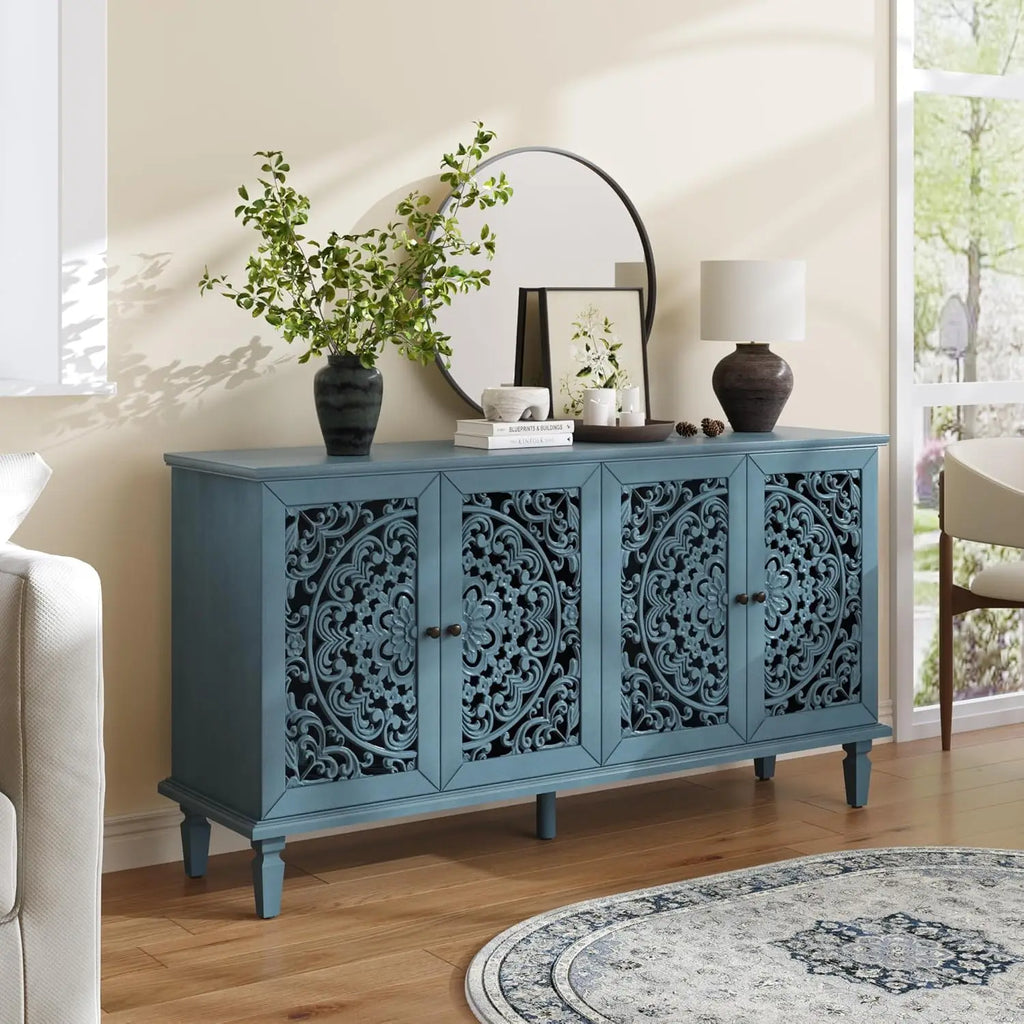 60" Blue Sideboard Buffet 4-Door Hollow Storage Shelf Vintage Console