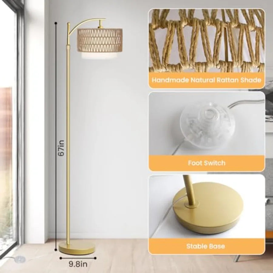 Arc Gold Floor Lamps, Remote Control, Dimmable Bulb, Rattan Boho