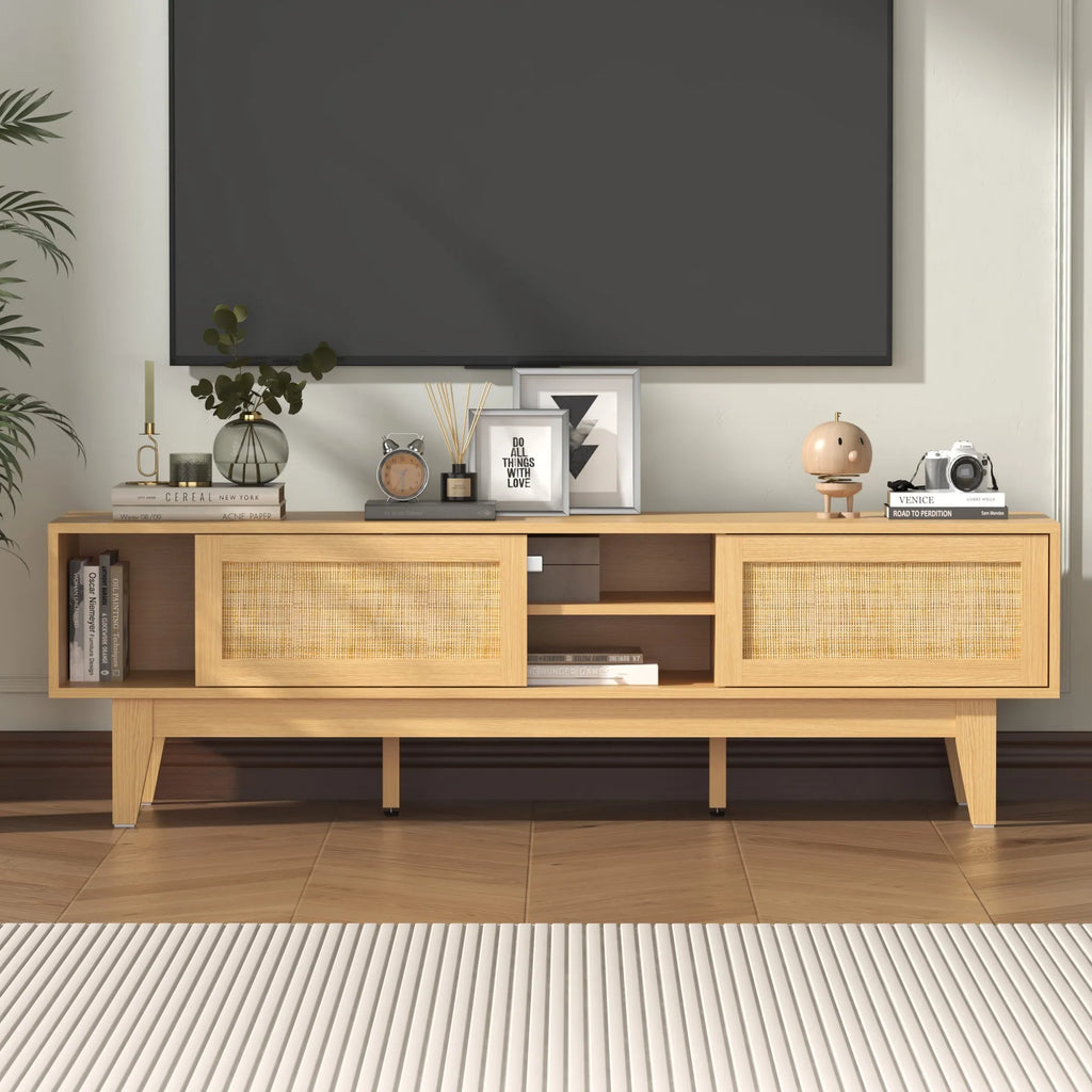 Entertainment Center for 55 65 Inch TV, Rattan, Shelves, Cabinets Sliding Doors