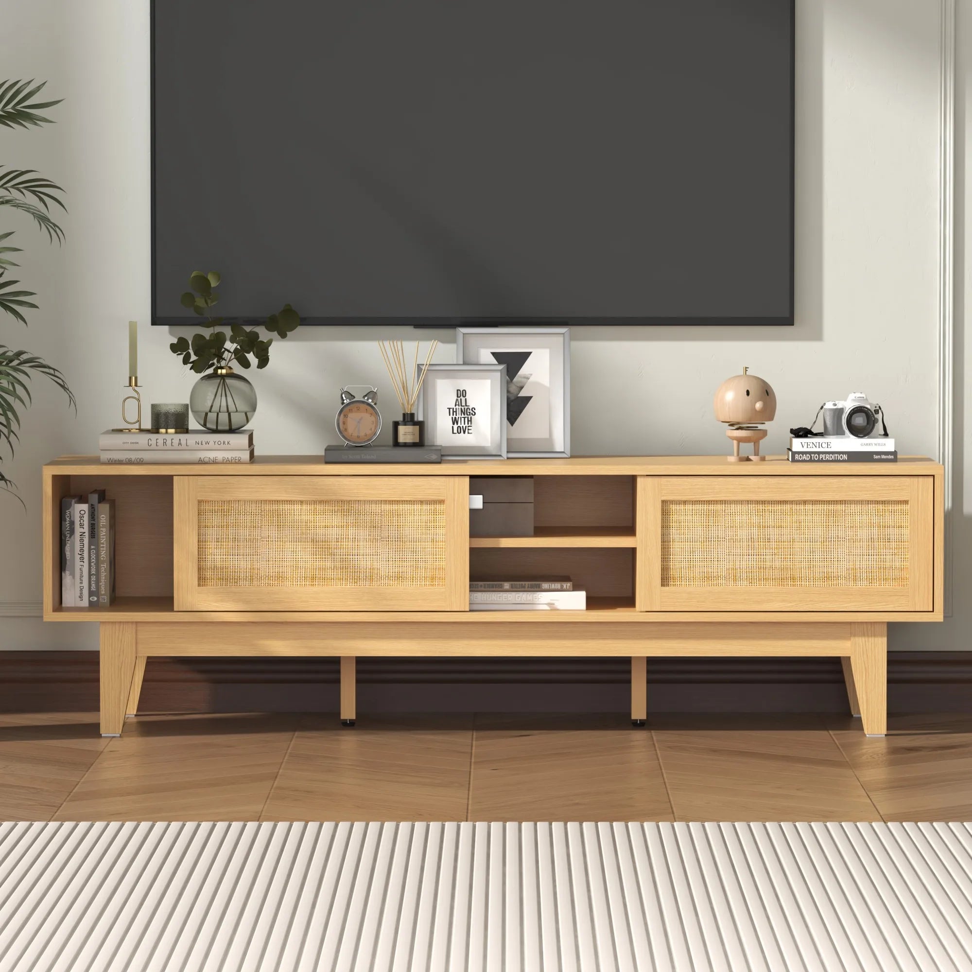 Entertainment Center for 55 65 Inch TV, Rattan, Shelves, Cabinets Sliding Doors