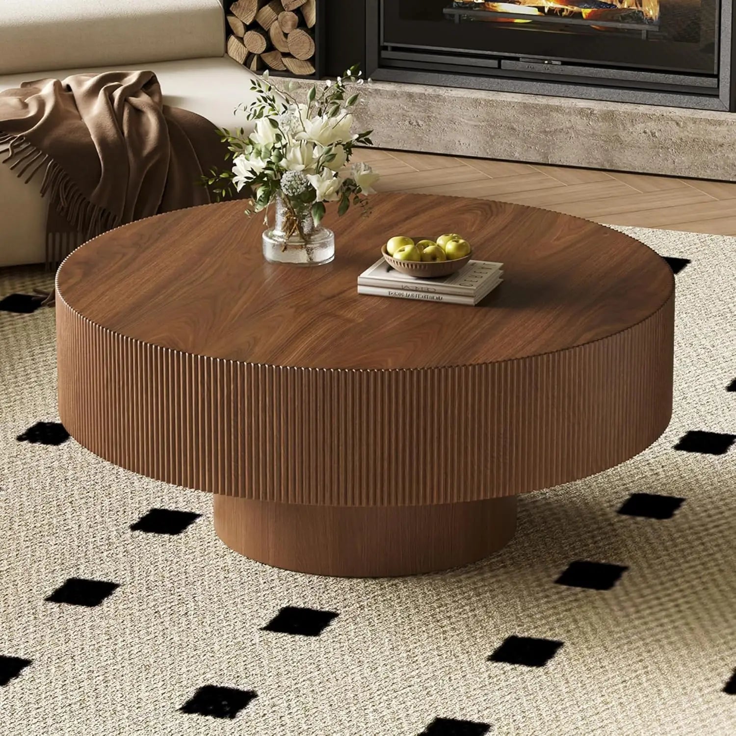 35.4IN Round Large Fluted Coffee Table, Sturdy Wood Base, Easy Assembly, Walnut