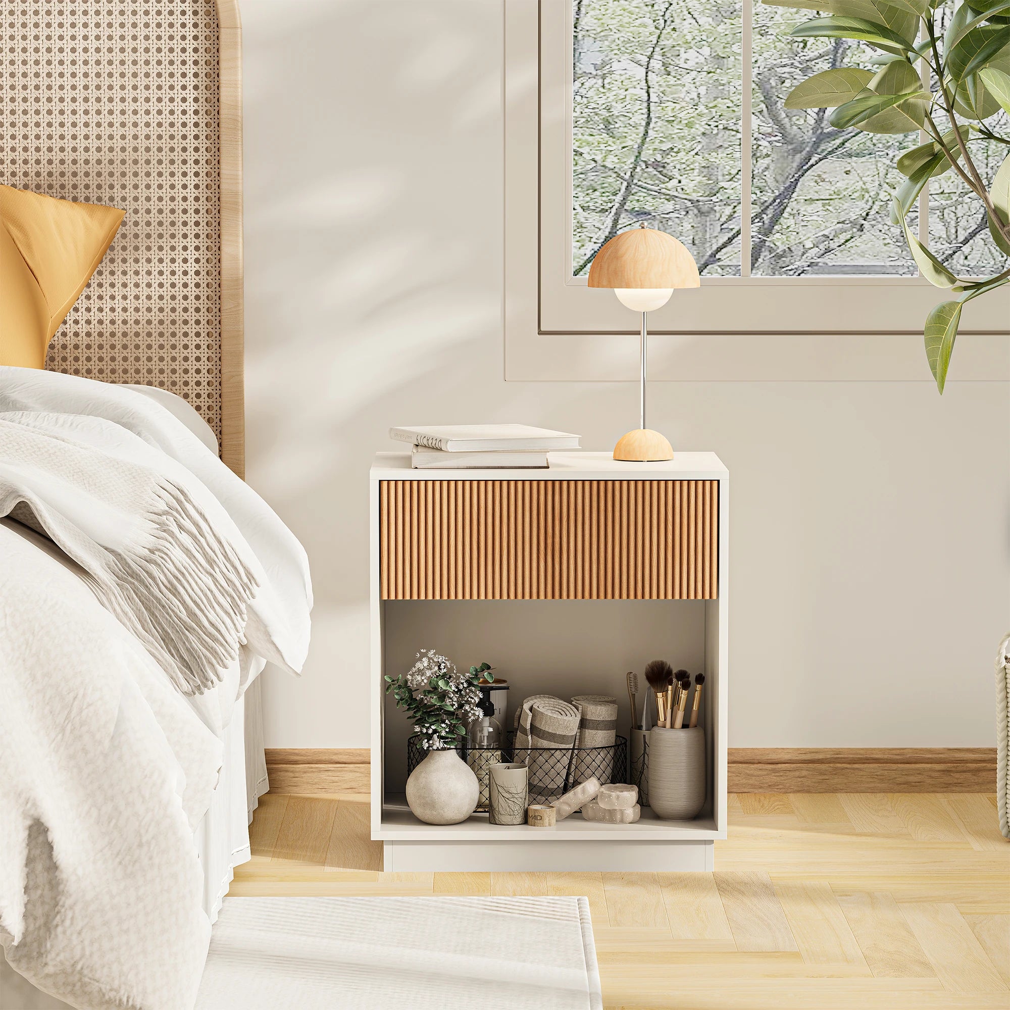 Fluted Nightstands Set Of 2, Wood, Drawer, Open Storage Shelf,