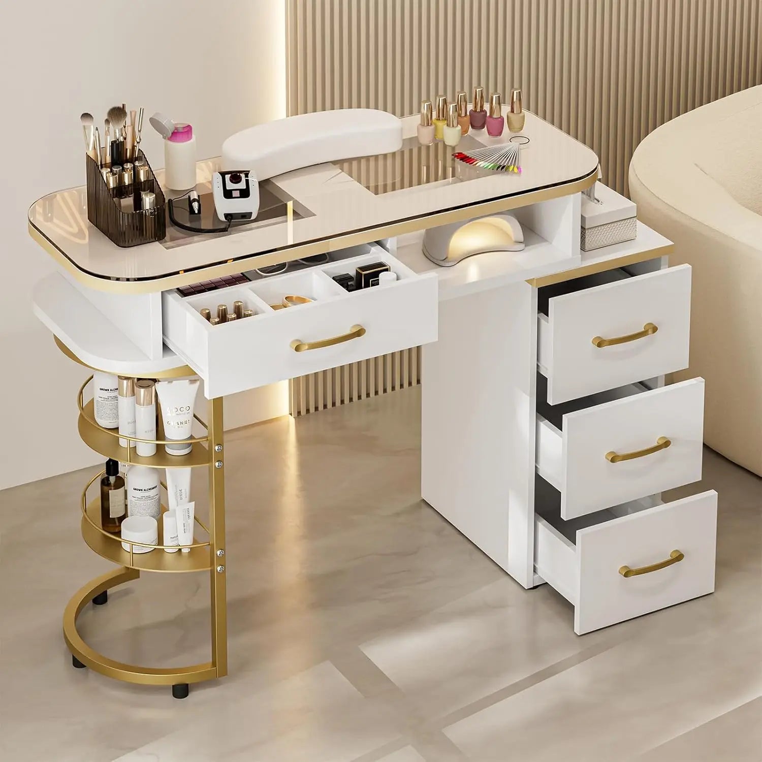 Table Glass Top 4 Drawers 2-Tier Storage Shelves