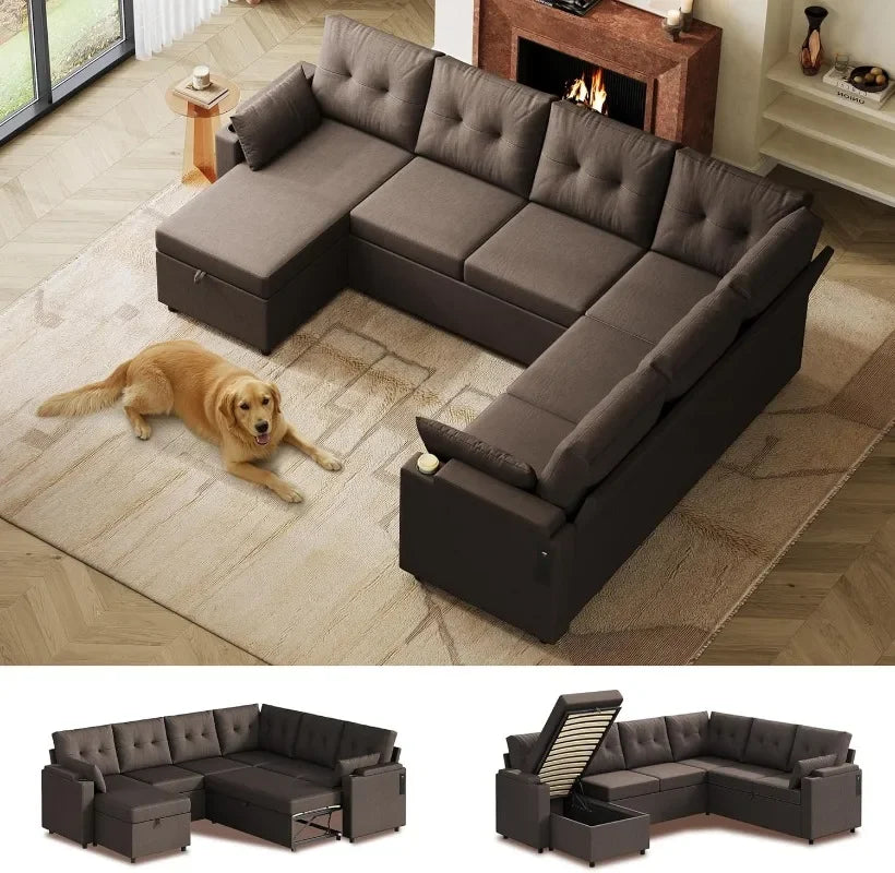 110'' Sectional 7-Seat U-Shape Pull-Out Sleeper, Storage Chaise, Pillows