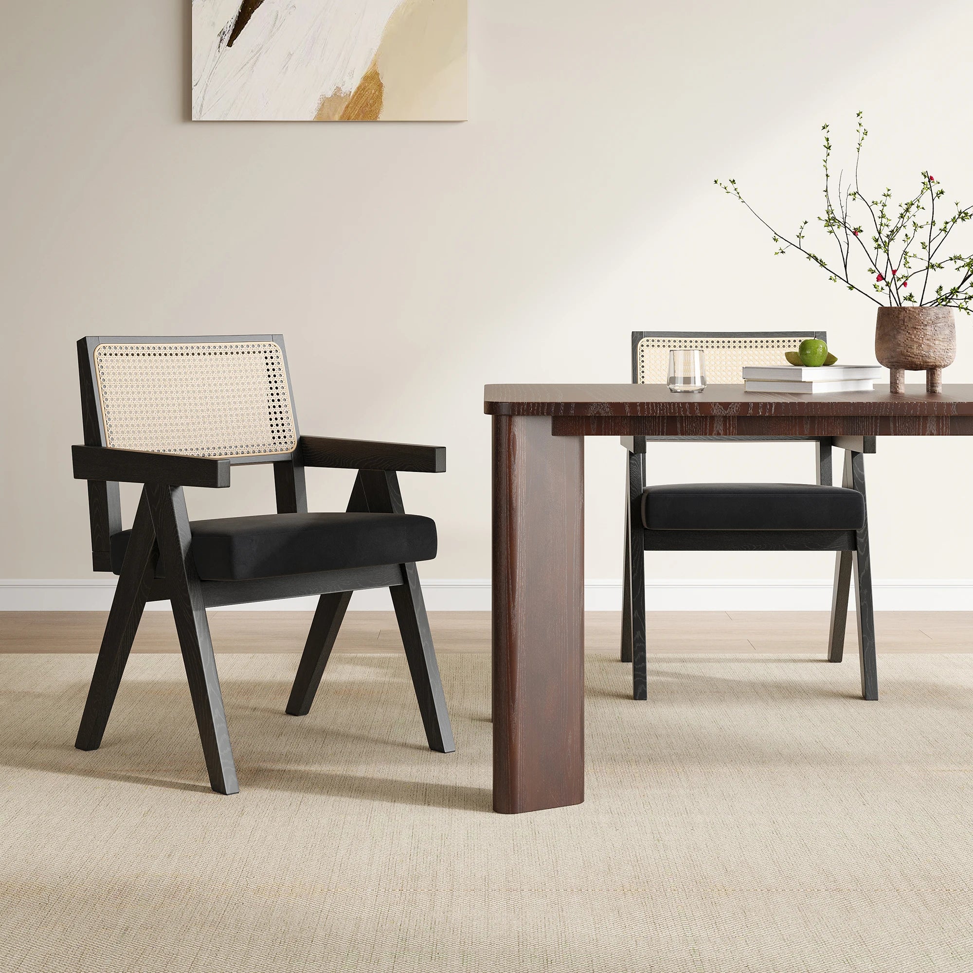 2 Rattan Chairs, Ash Wood Frame, Woven Rattan, Non-Slip Pads