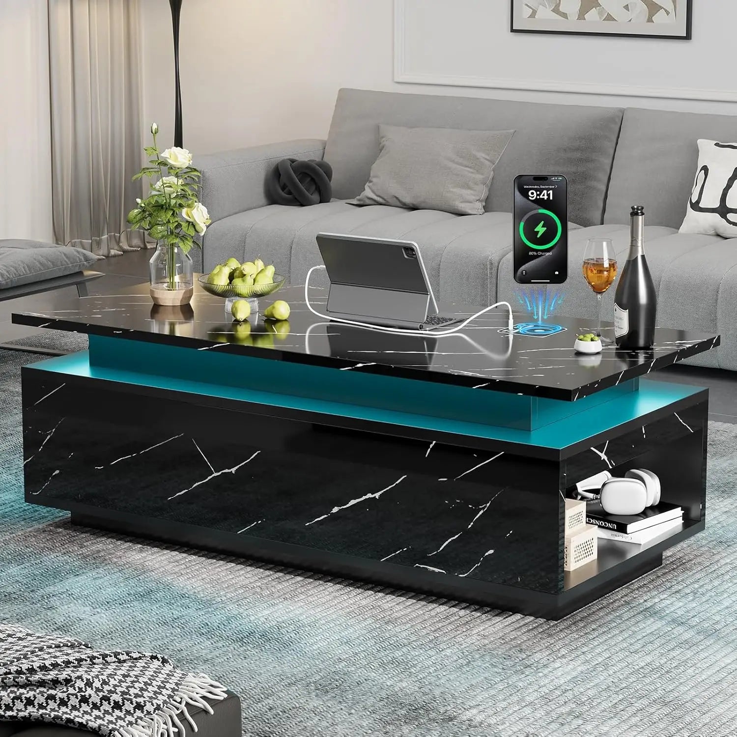 47" LED Coffee Table Lift Top Hidden Storage High Gloss
