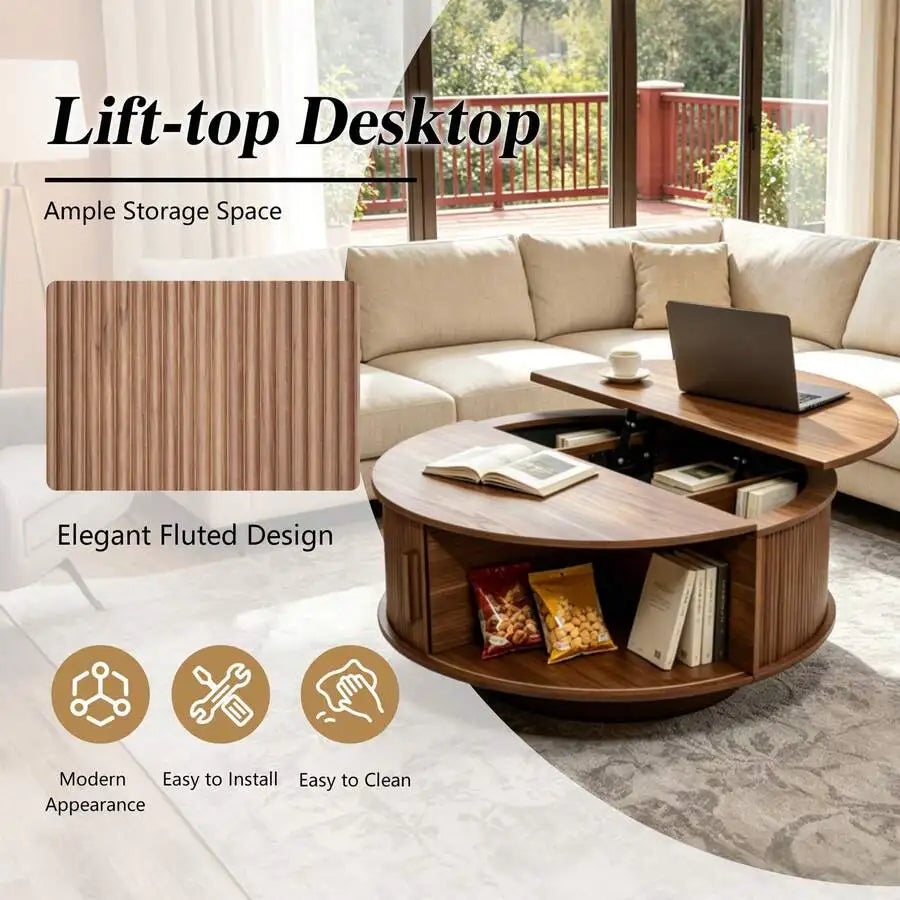31.5" Lift Top Coffee Table, Fluted, Sliding Tambour Door Hidden Storage