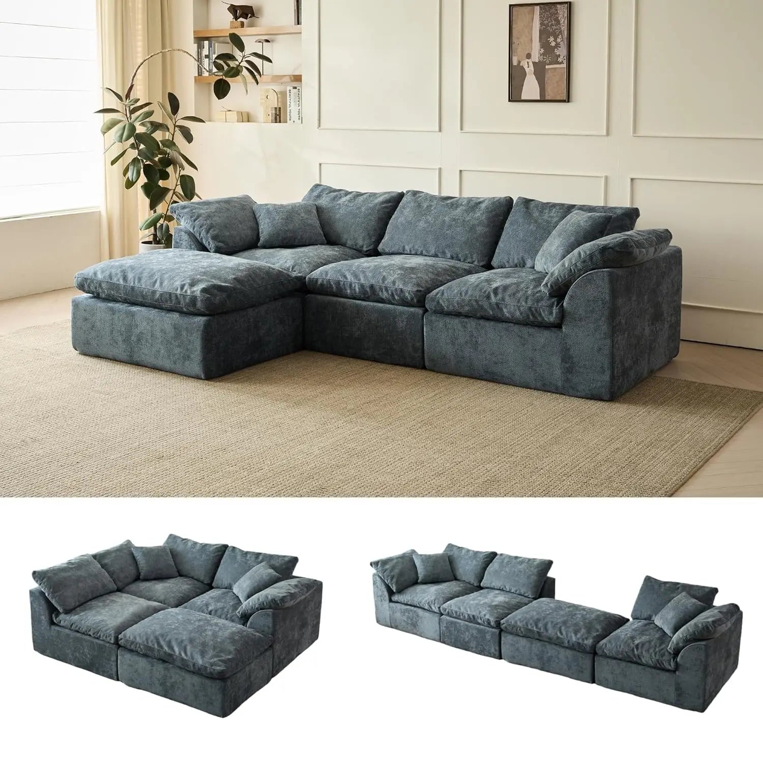 110" Cloud Sectional Couch Convertible L-Shape Boneless, Ottoman, 3 Seater