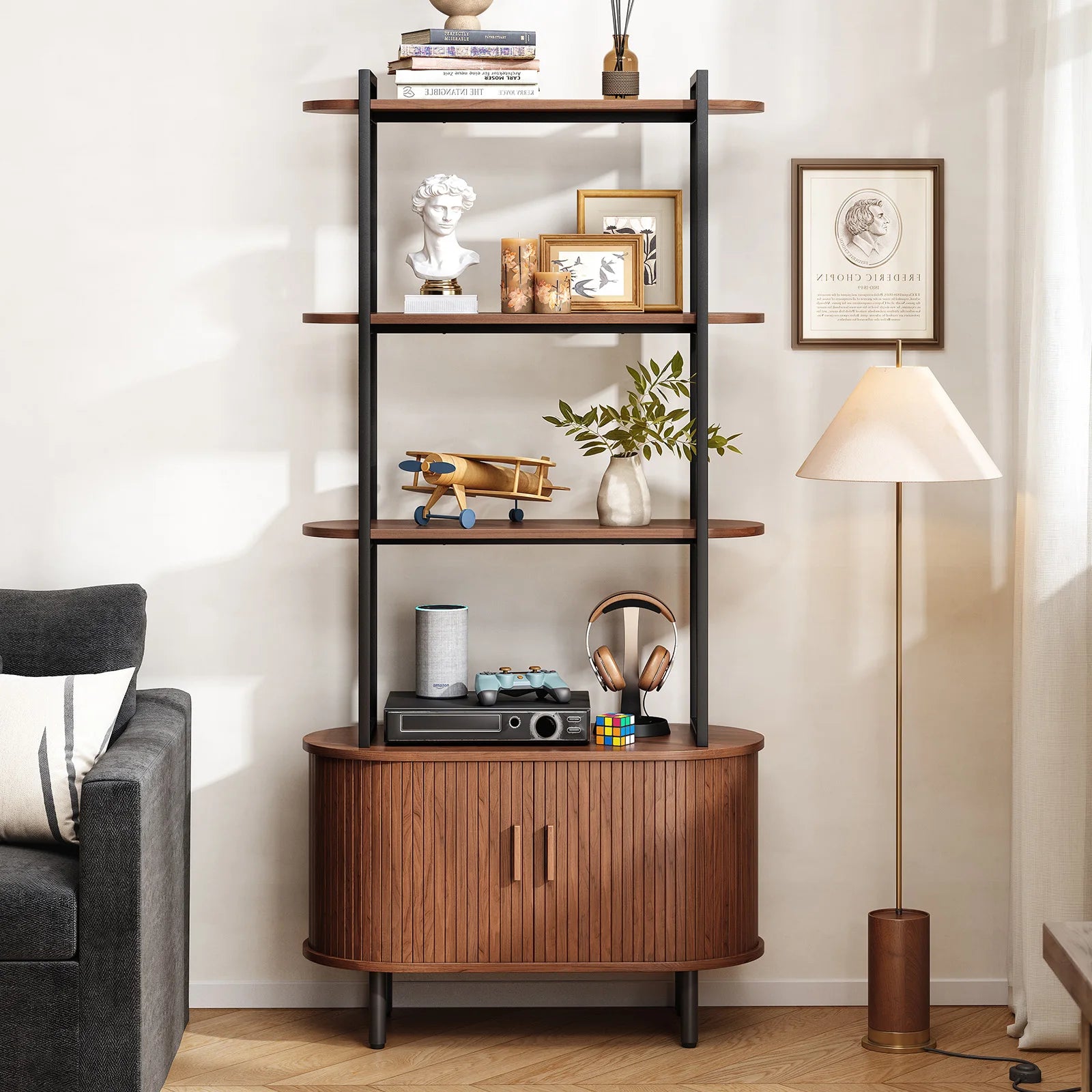 71" Tall, 4-Tier Book Shelf Cabinet, Sliding Door & Adjustable Footpad