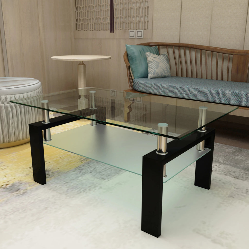 2-Tier Rectangle Black Clear Glass Coffee Table