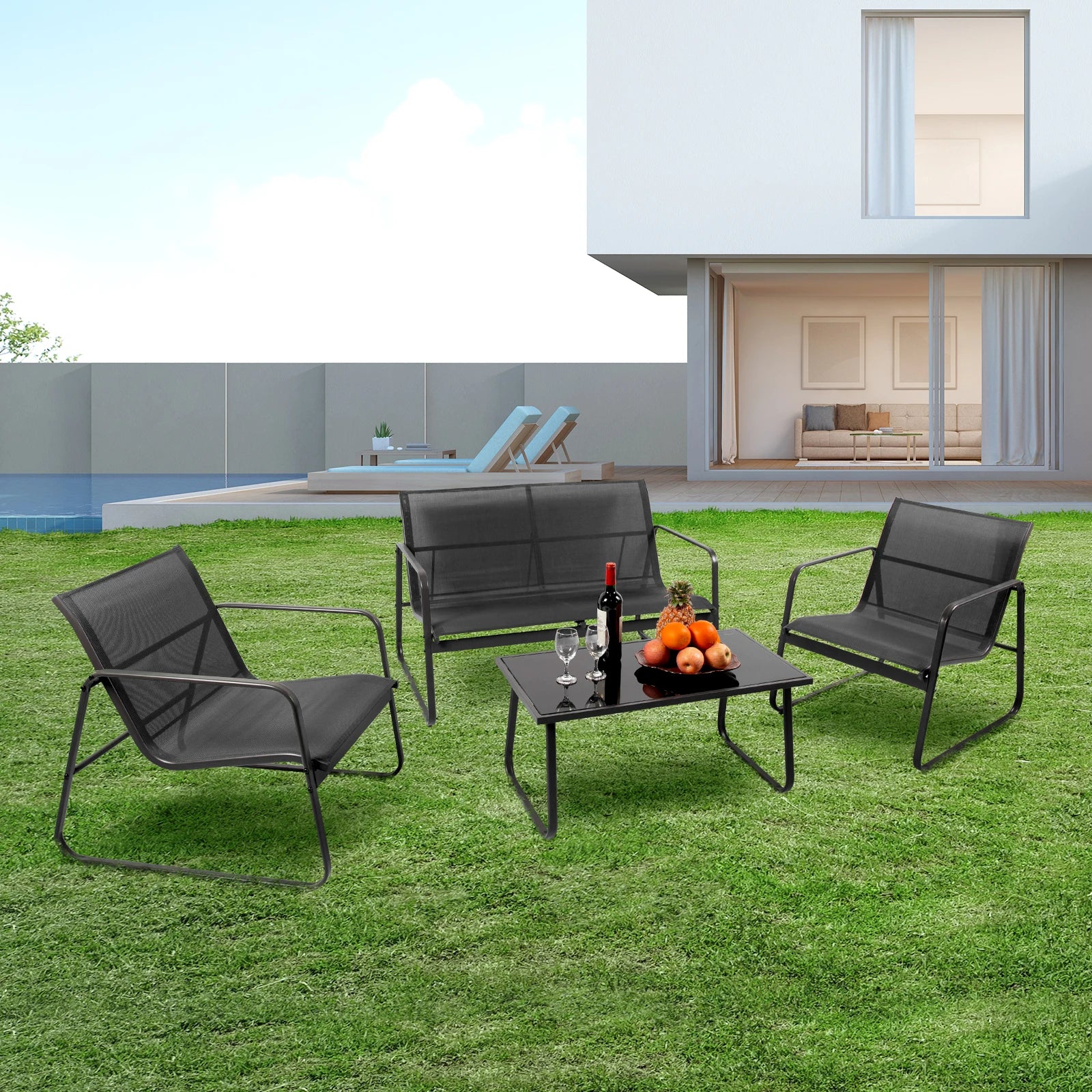 Patio 4-Piece Table Set, Metal Frame Lumbar Support, Mesh Backrest Sectional