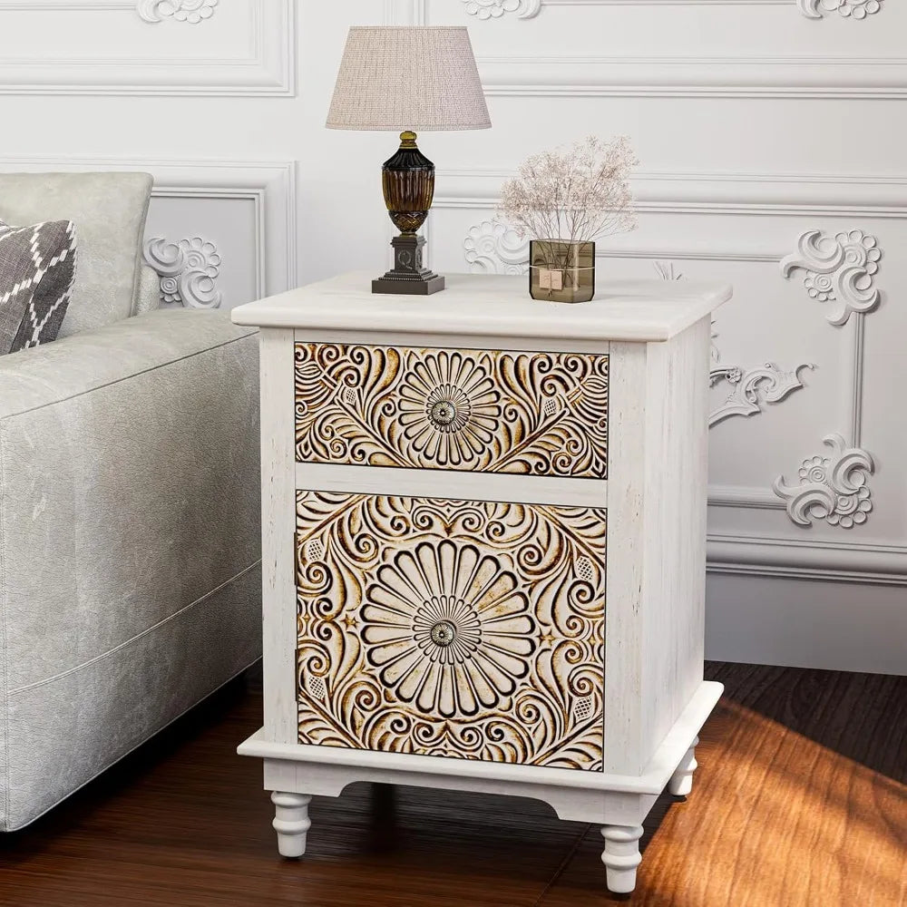 White Nightstand 2-Drawer & Storage Flower Motif