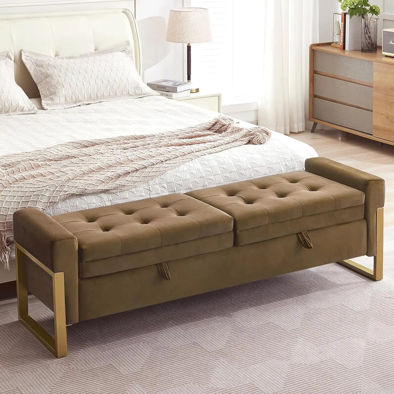 67" End of Bed Ottoman Storage Bench Golden Legs