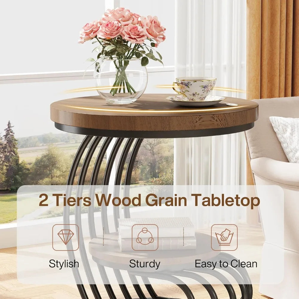 Round End Side Table:   2 Tiers Shelves, Vintage End Table