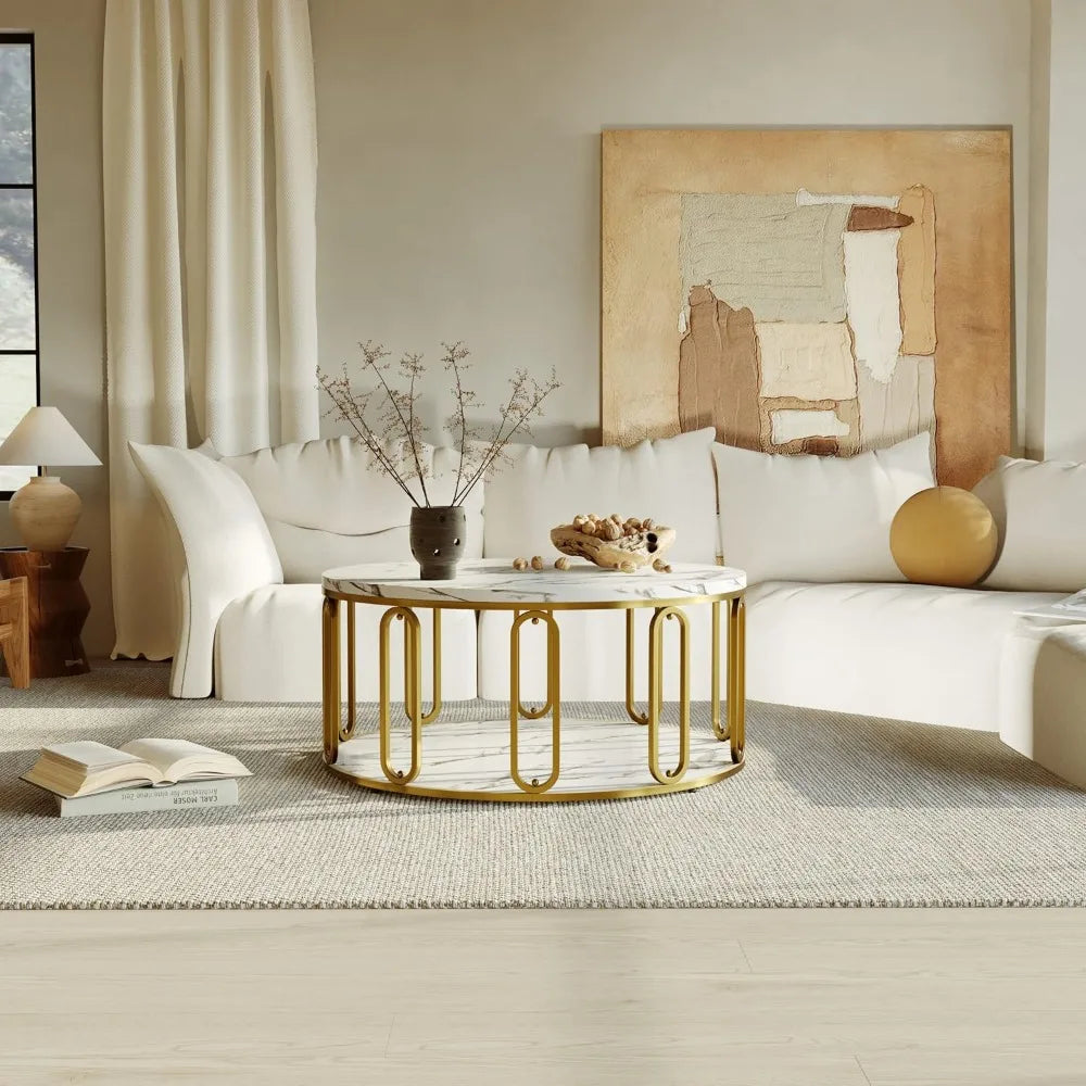 Wooden Marble Pattern Coffee Table, Round Open Storage, Golden Metal Legs