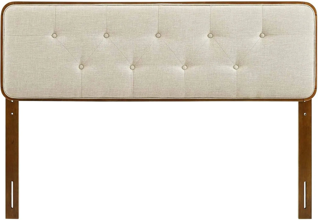 Tufted Full Fabric Wood Headboard Walnut Beige Bed Frame