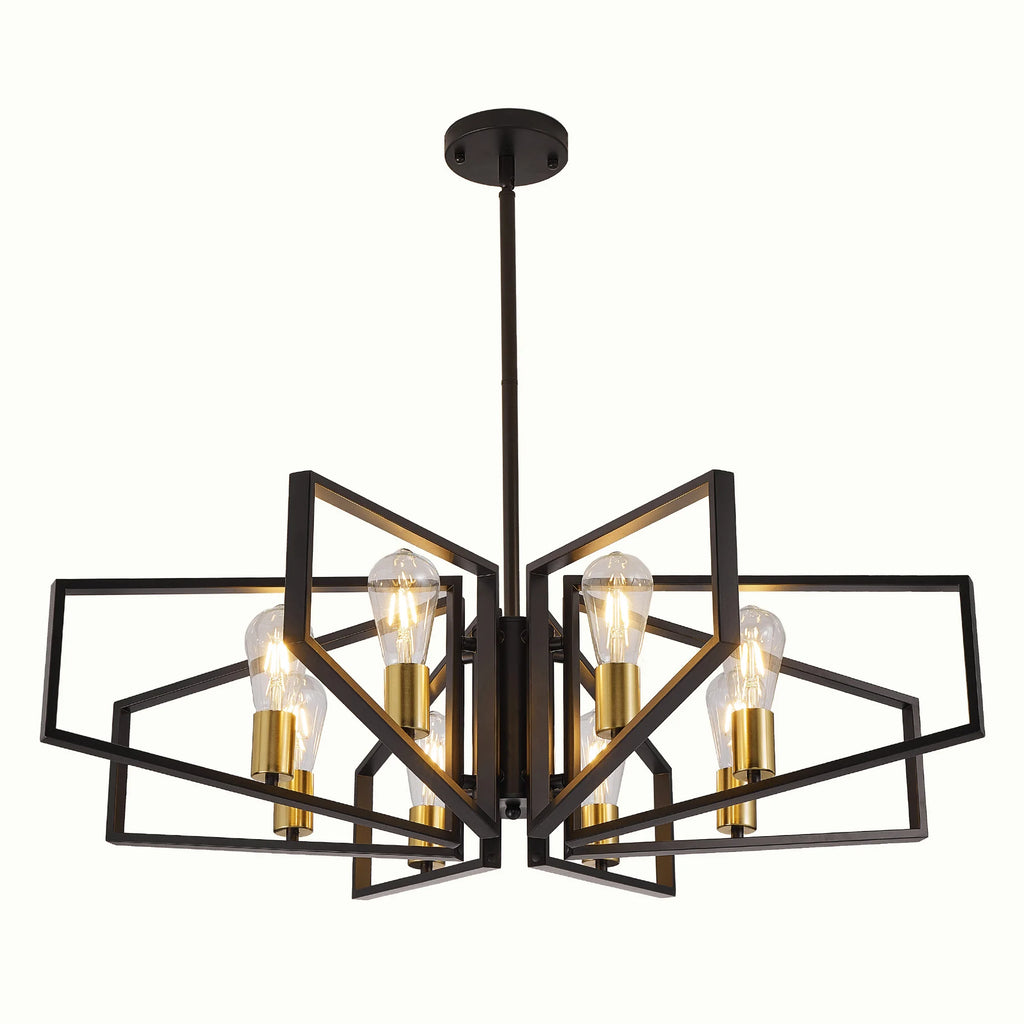 8-Light Chandelier, Adjustable Height, Black Frame, Golden Accents.