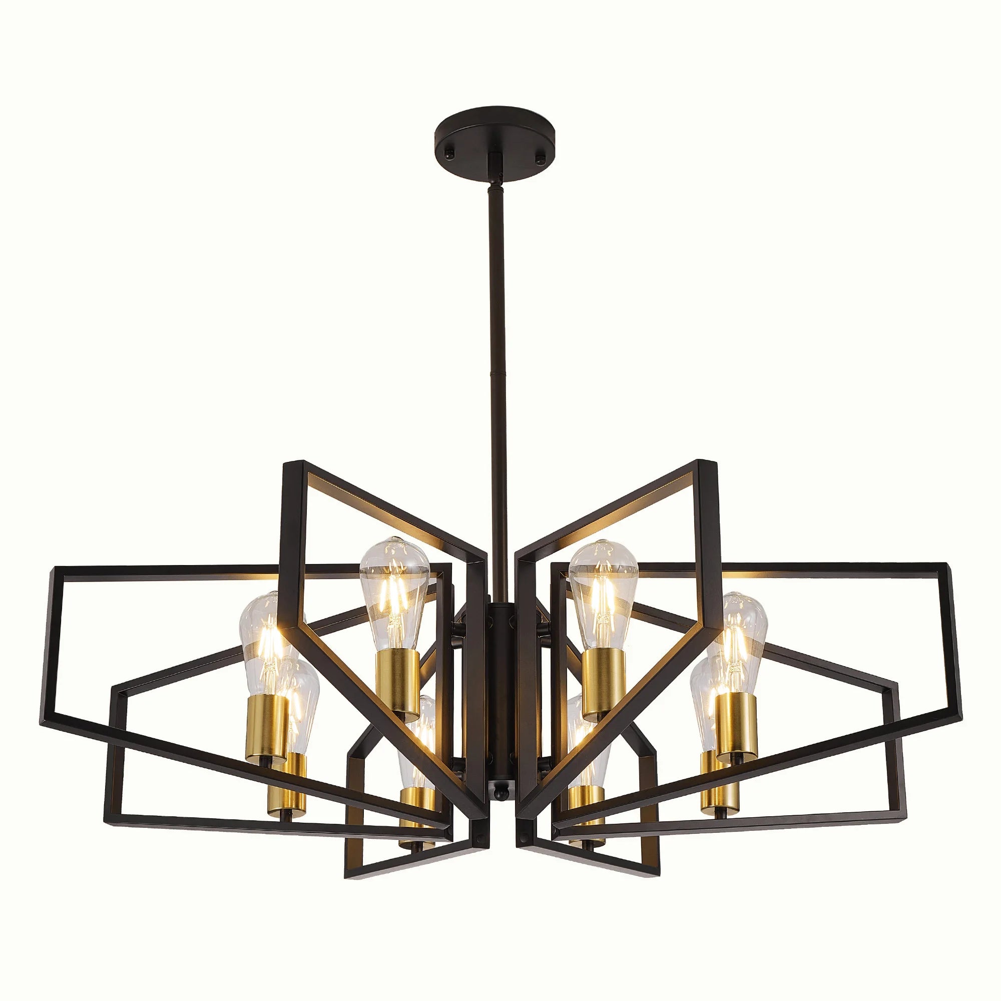 8-Light Chandelier, Adjustable Height, Black Frame, Golden Accents.