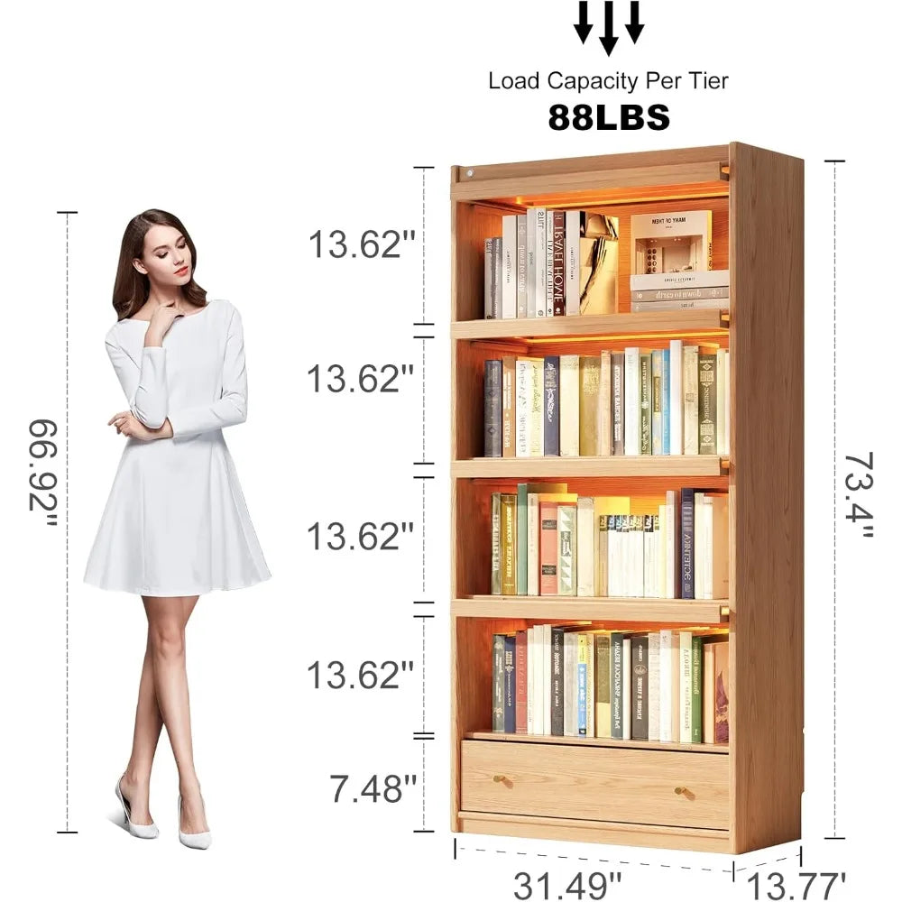 73" Tall 4 -Tier Wood Bookcase, Flip-Up Tempered Glass Doors, 3 Color LED