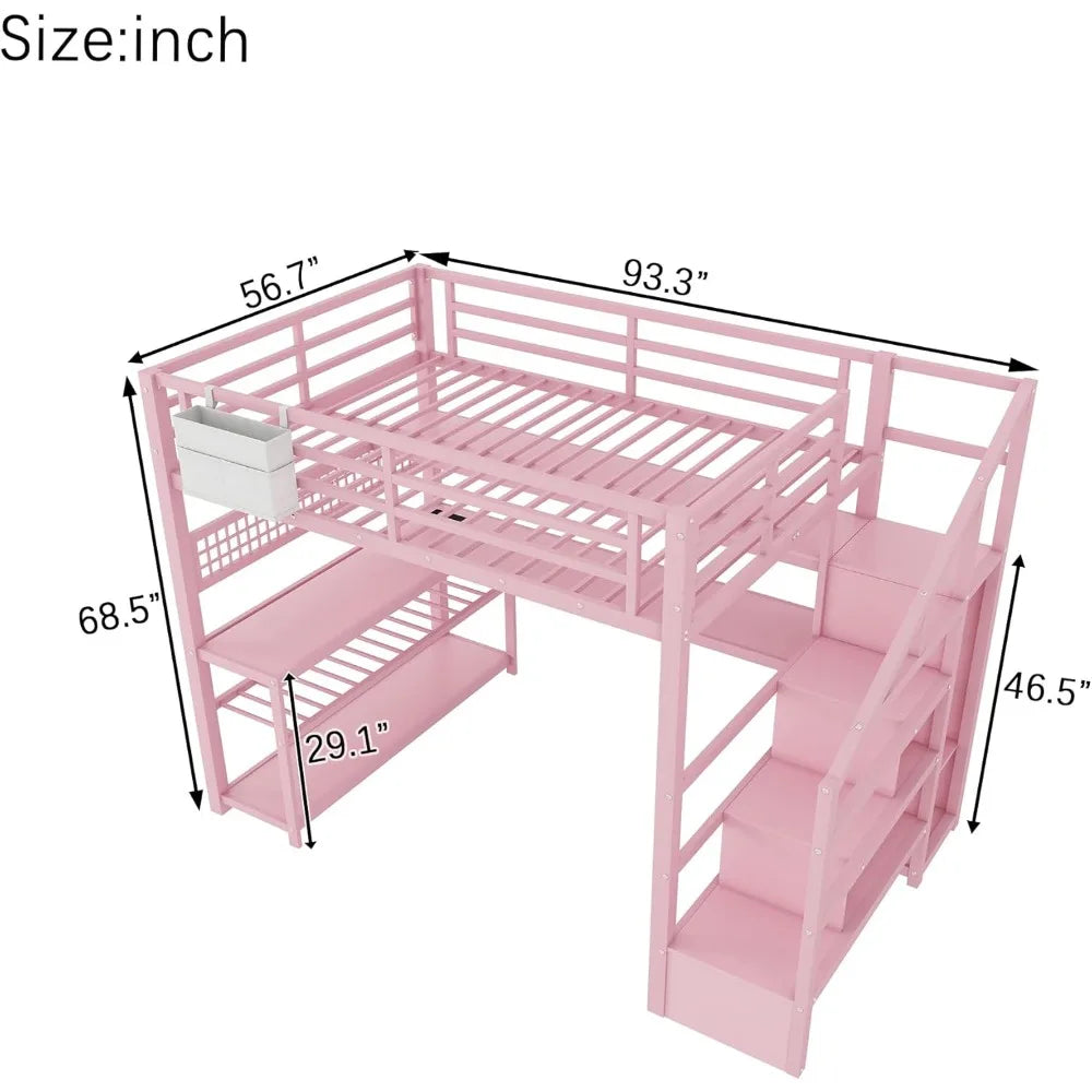 Full Size Loft Bed Frame w/Stairs, Desk, Storage Staircase, Charging Station & LED Light