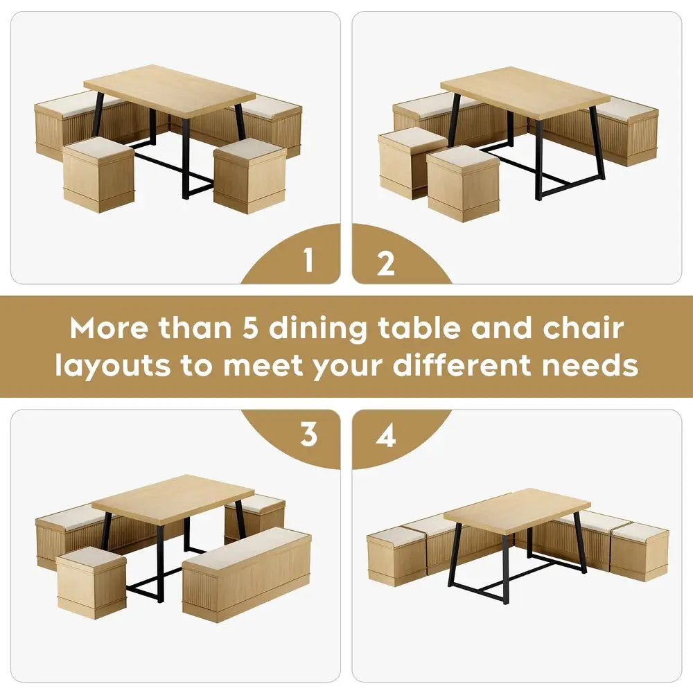 43Inch 5-Piece Corner Dining Table Set,  w/Bench Hidden Storage, 2 Ottomans