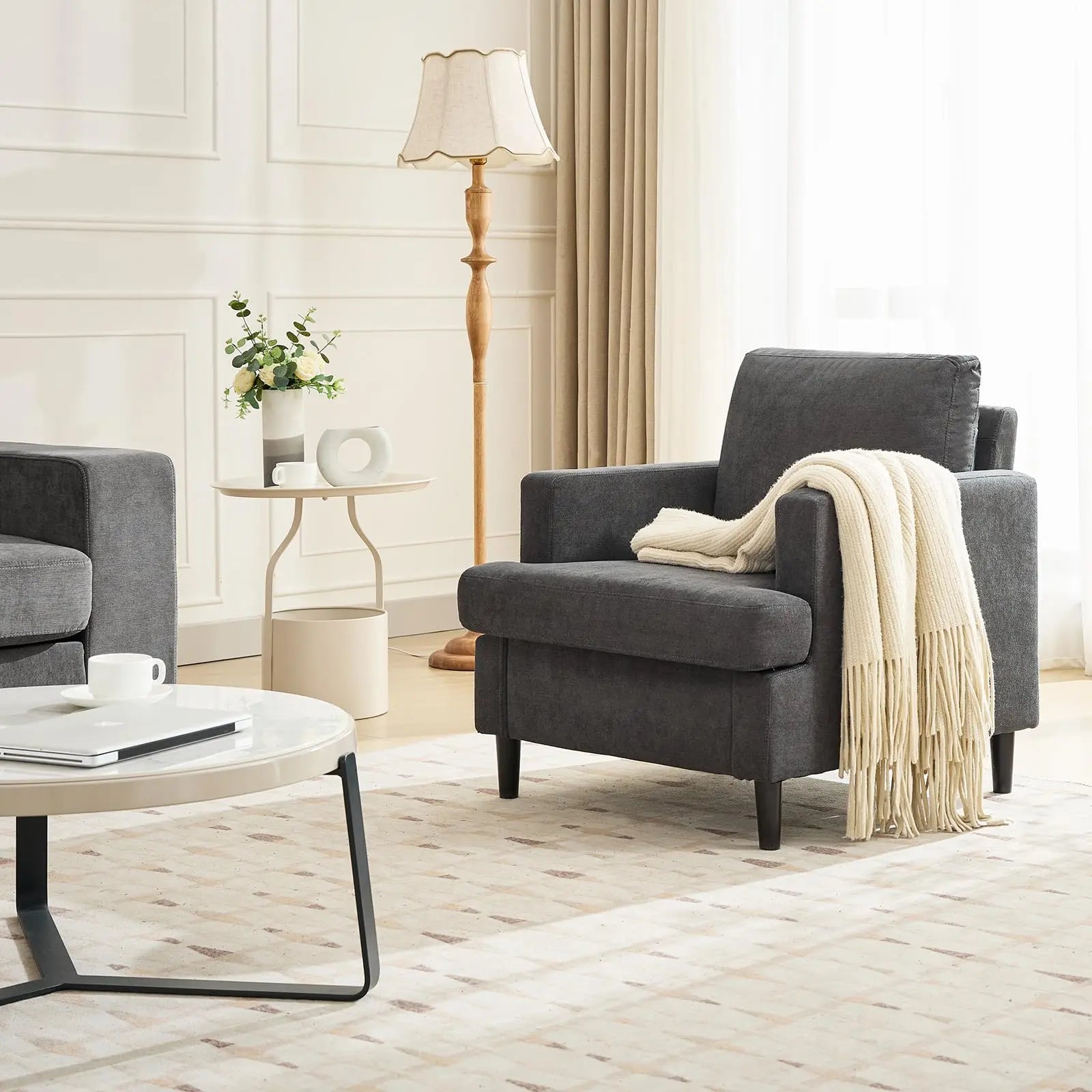 Accent Chair, Linen Soft Thick High Resilience Foam Cushion, Wood Legs