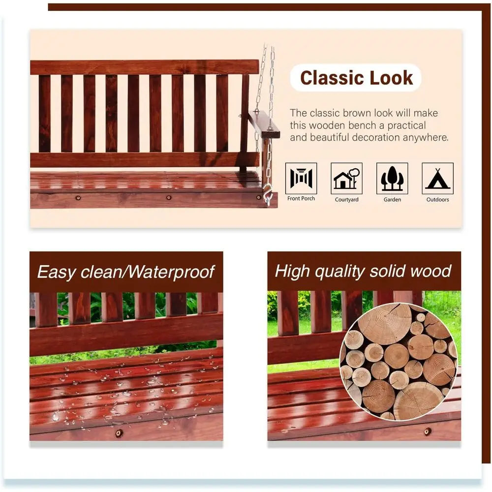 48" Wood Porch Swing 800 LBS Load Two-Person Seating