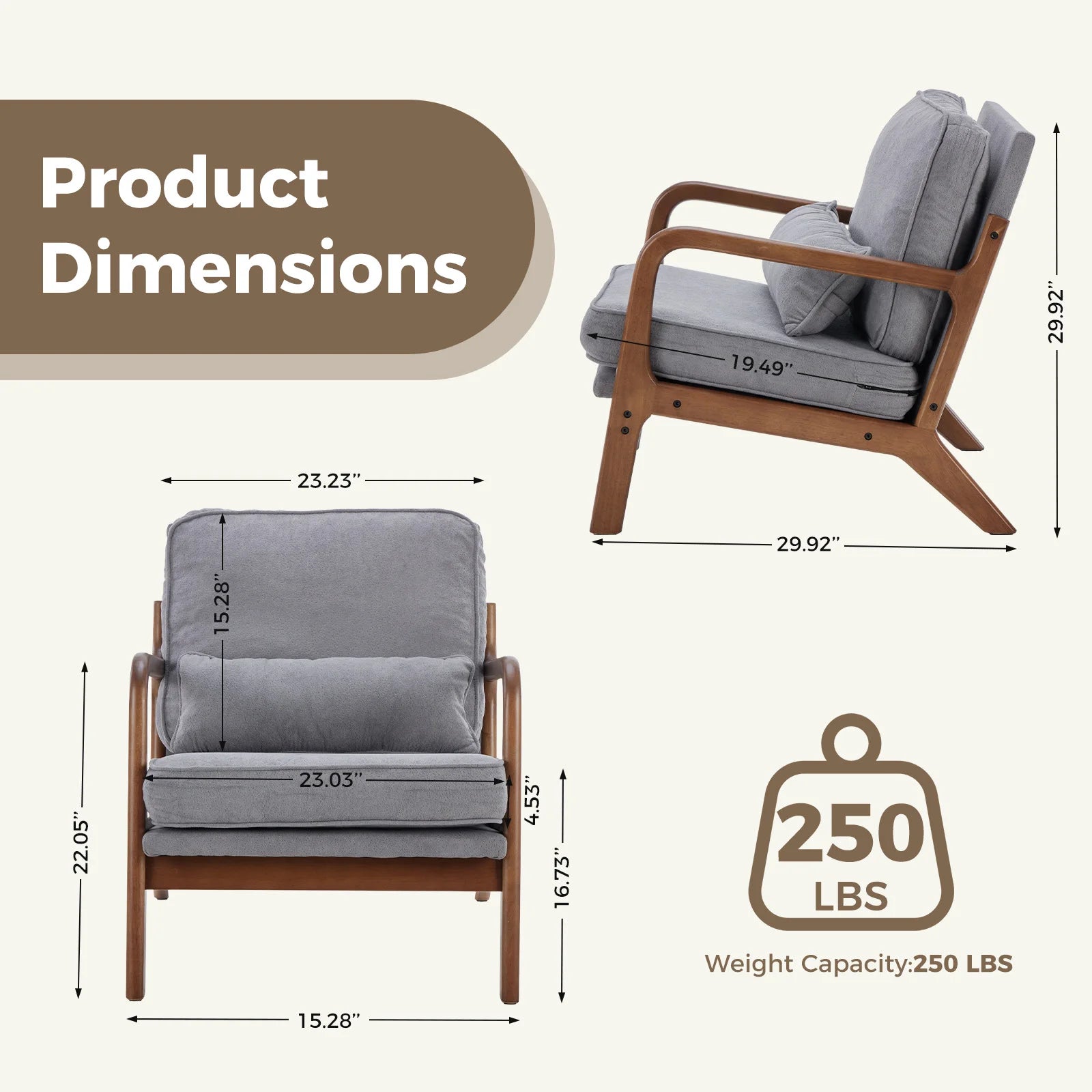Chair Solid Wooden Frame, Arms and Waist Cushion